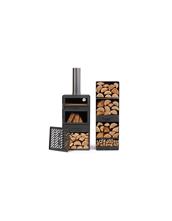 SET: Gartenofen VENTO mit Backofen, doppelt gehärtetem Glas, Rohstahlrost und Holzregal 120×40×30 cm